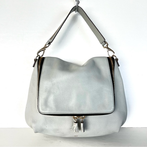 ANYA HINDMARCH Maxi Zip Blue Gray Pebble Leather Flap Tassel Shoulder Satchel - Picture 3 of 15